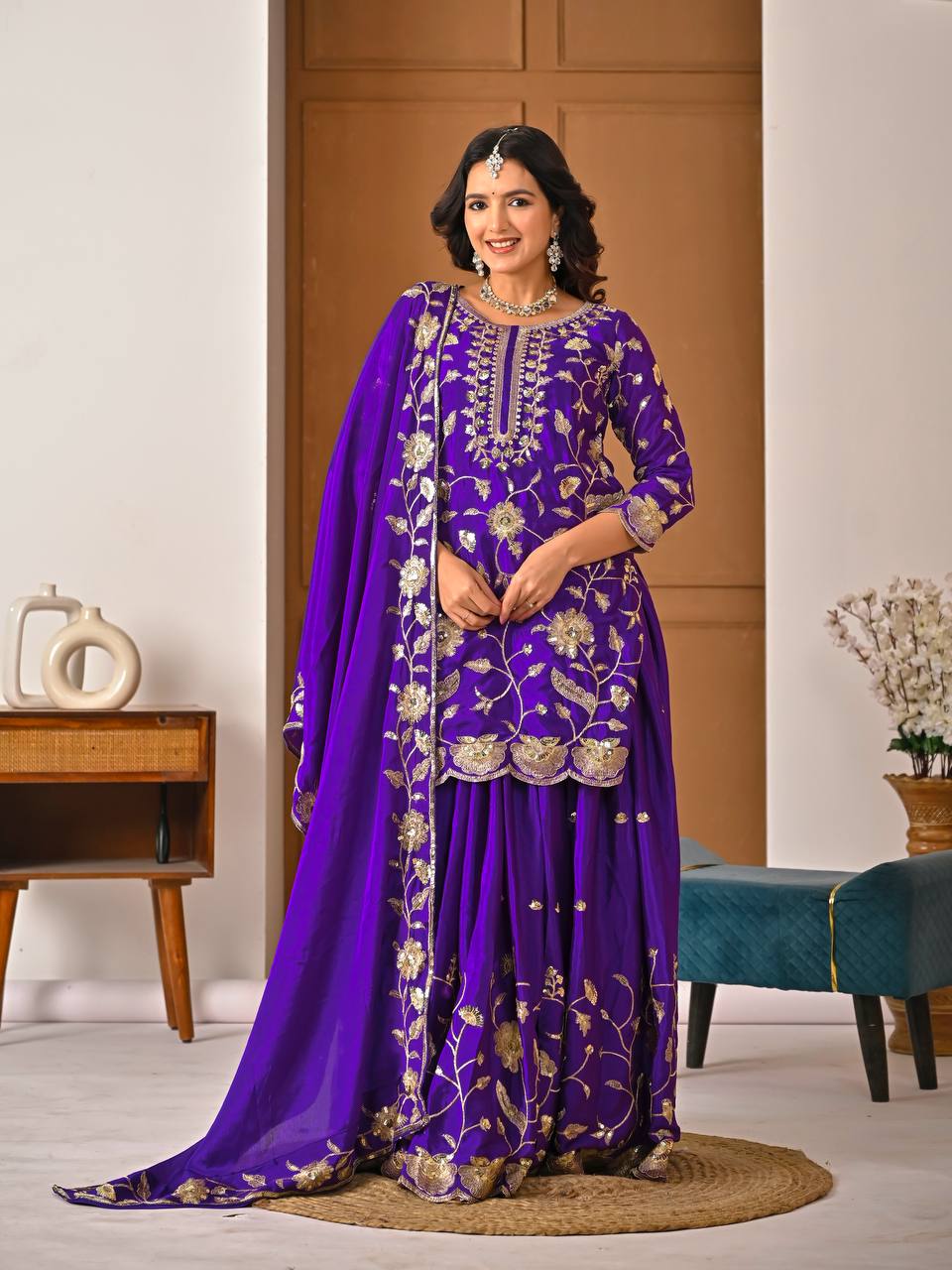 Purple Chinon Silk Embroidered Salwar Suit