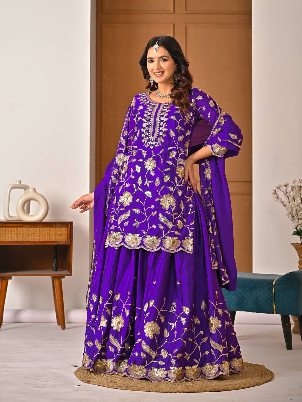 Purple Chinon Silk Embroidered Salwar Suit