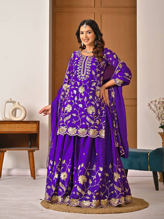 Purple Chinon Silk Embroidered Salwar Suit