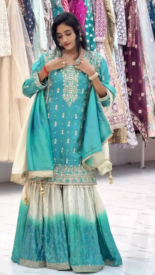 Teal Embroidered Kurta with Ombre Sharara and Dupatta Set