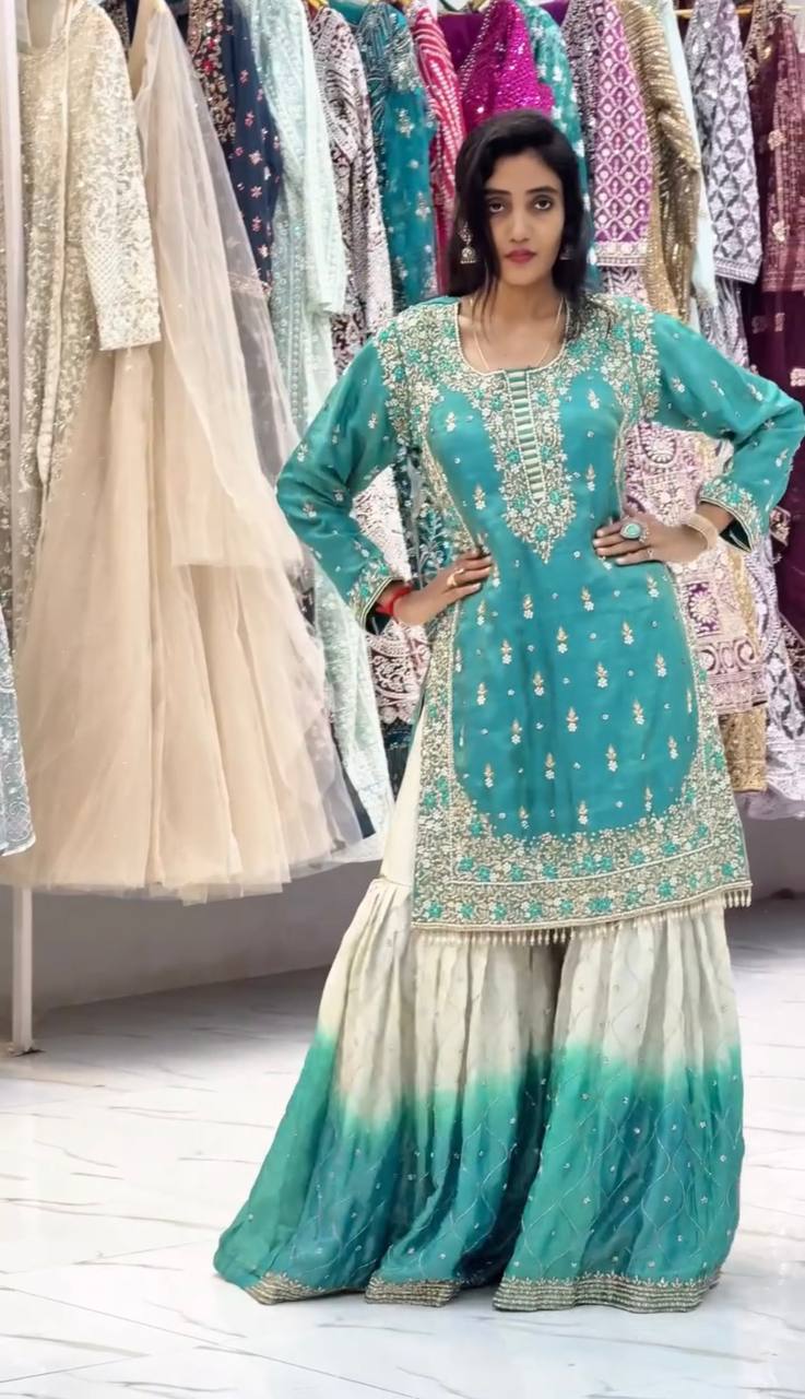 Teal Embroidered Kurta with Ombre Sharara and Dupatta Set