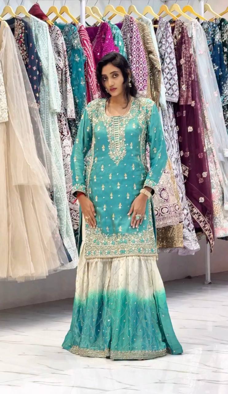 Teal Embroidered Kurta with Ombre Sharara and Dupatta Set