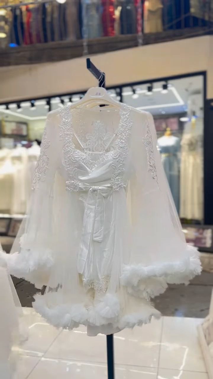 Sheer Lace Bridal Robe with Feather Trim
