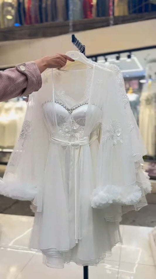 Sheer Lace Bridal Robe with Feather Trim