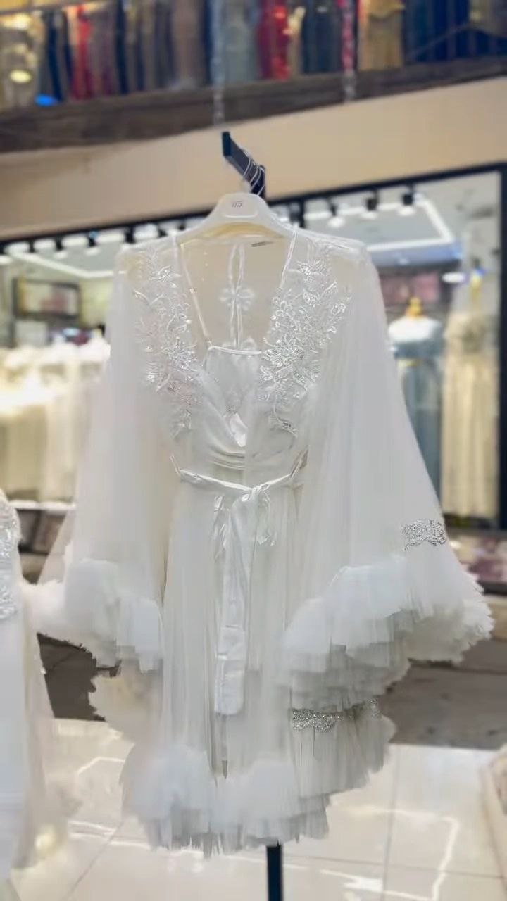 Sheer Lace Bridal Robe with Feather Trim