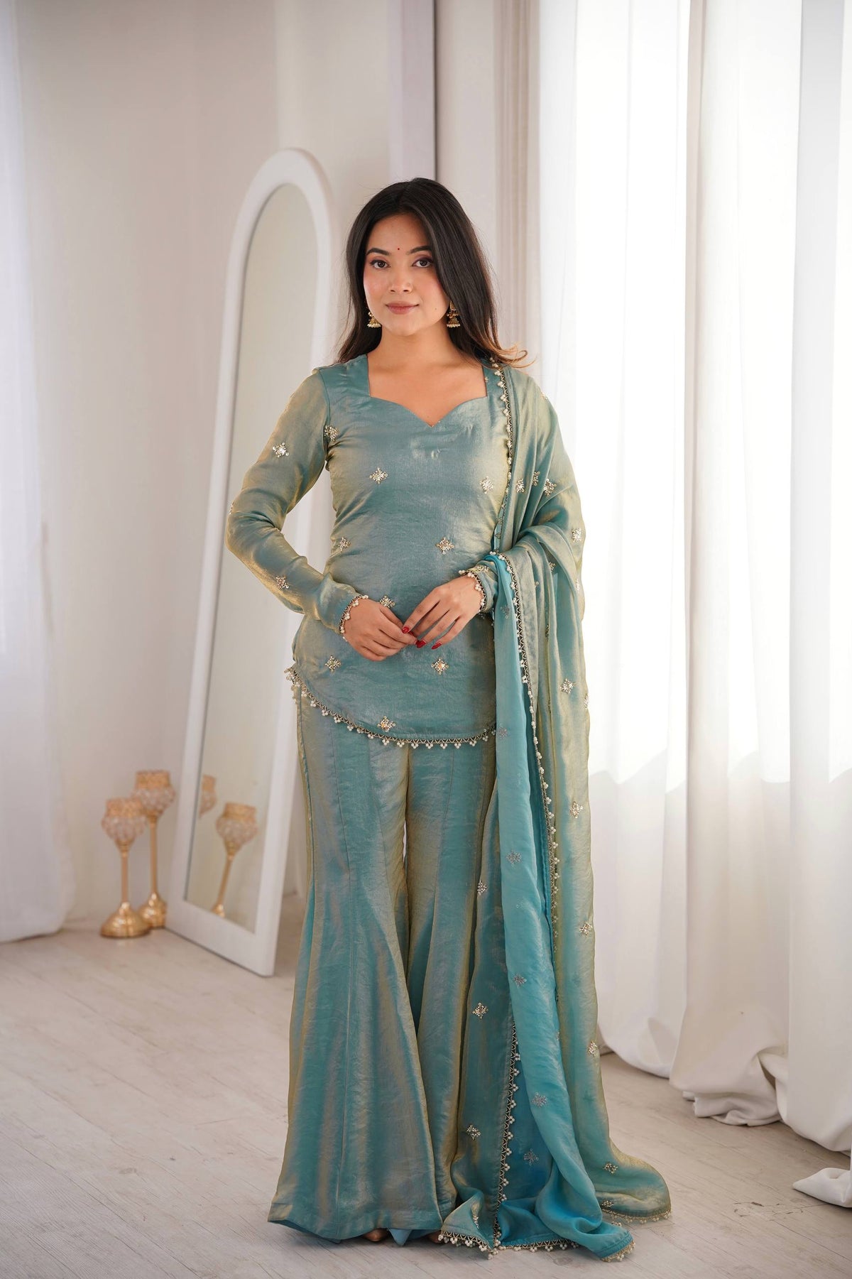 Elegant Teal Embroidered Kurta Set with Flared Pants and Dupatta