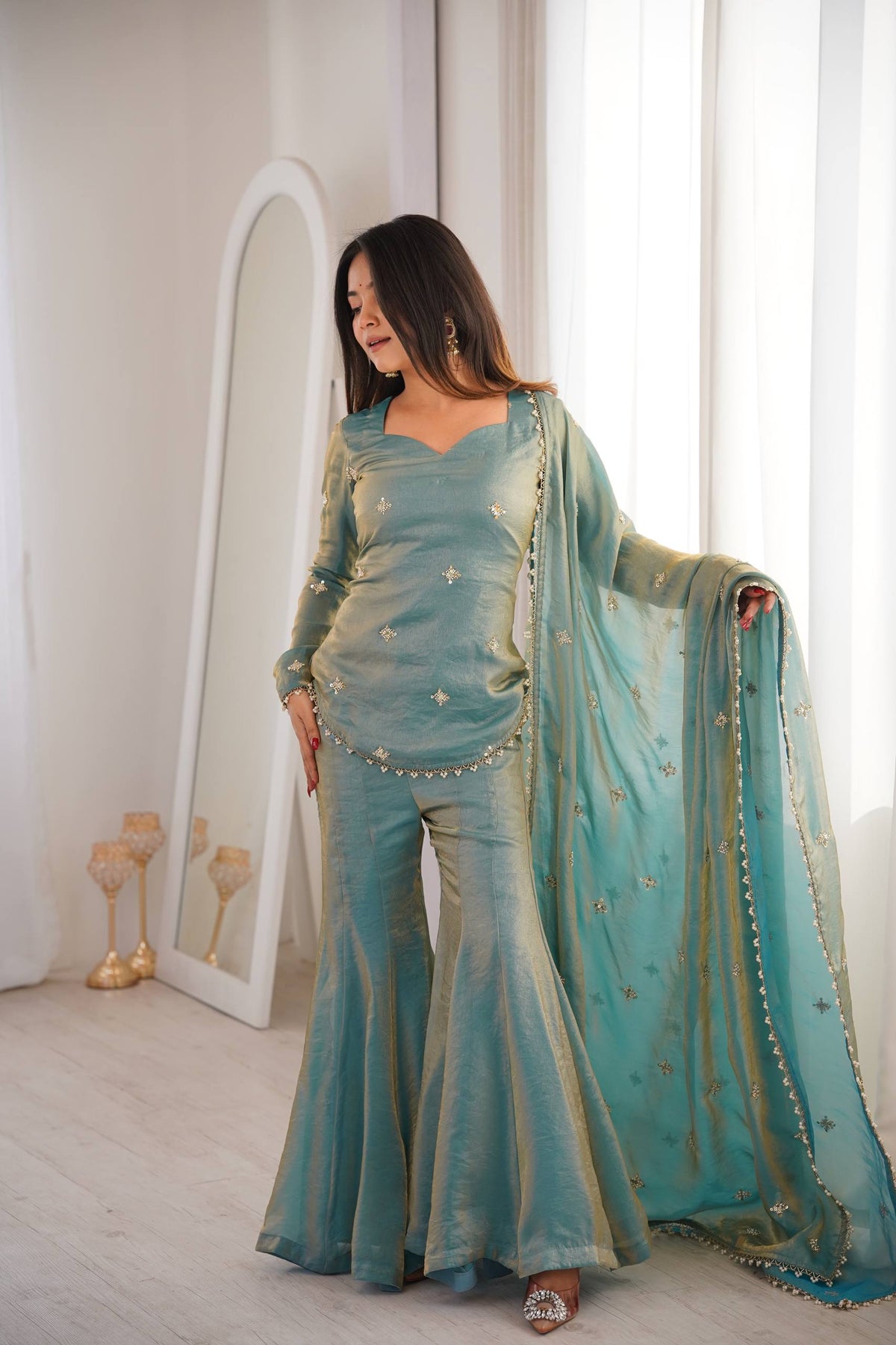 Elegant Teal Embroidered Kurta Set with Flared Pants and Dupatta
