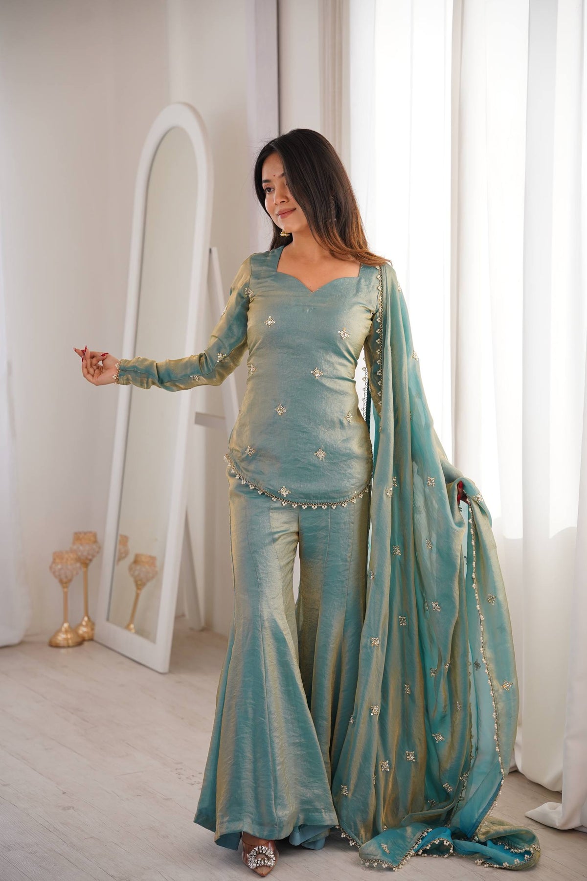 Elegant Teal Embroidered Kurta Set with Flared Pants and Dupatta