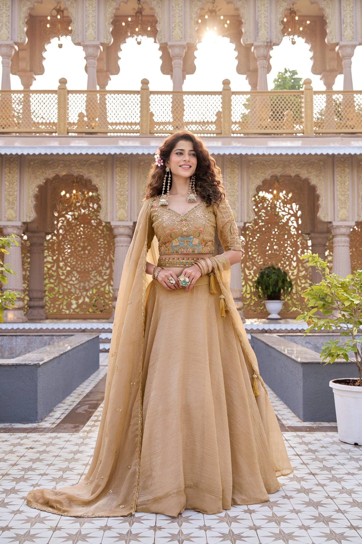 Beige Crunchy Silk Heavily Embroidered Lehenga Choli