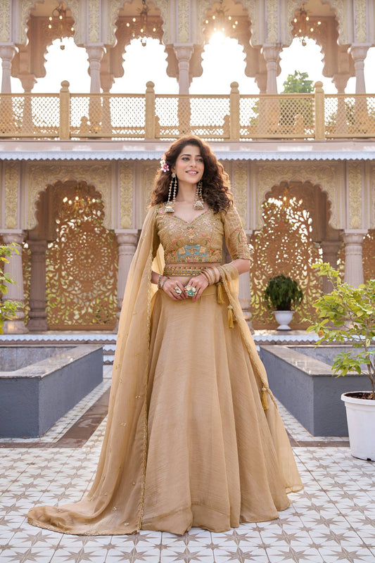 Beige Crunchy Silk Heavily Embroidered Lehenga Choli