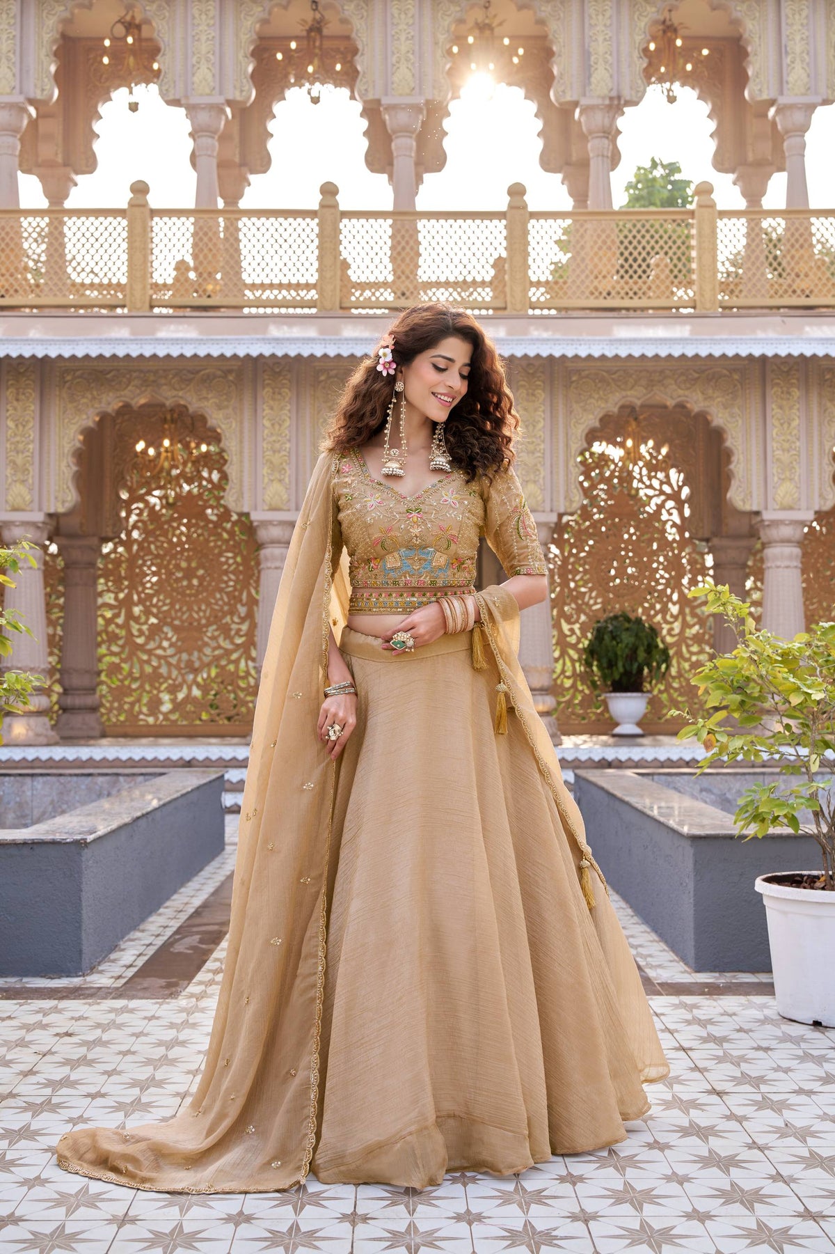 Beige Crunchy Silk Heavily Embroidered Lehenga Choli