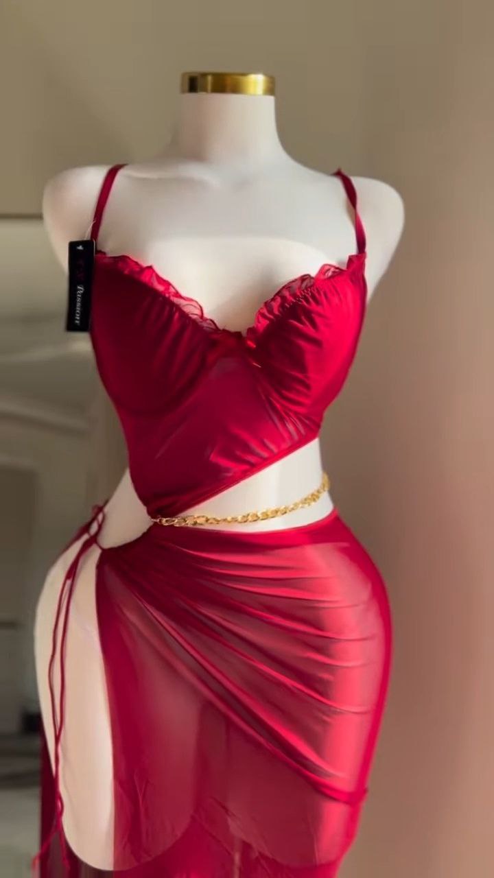 Sheer Red Mesh Bralette & Wrap Skirt Set