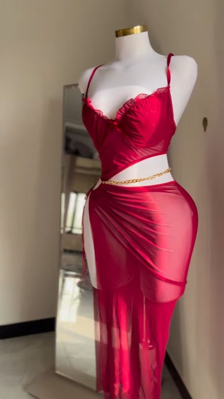 Sheer Red Mesh Bralette & Wrap Skirt Set