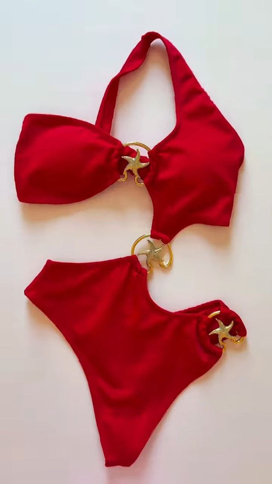 Red Cut-Out One-Shoulder Swimsuit with Gold Starfish Accents