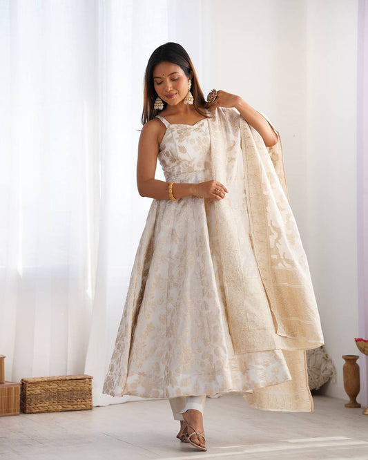 Off-White Banarasi Jacquard Dola Silk Fully Flared Anarkali Suit Set