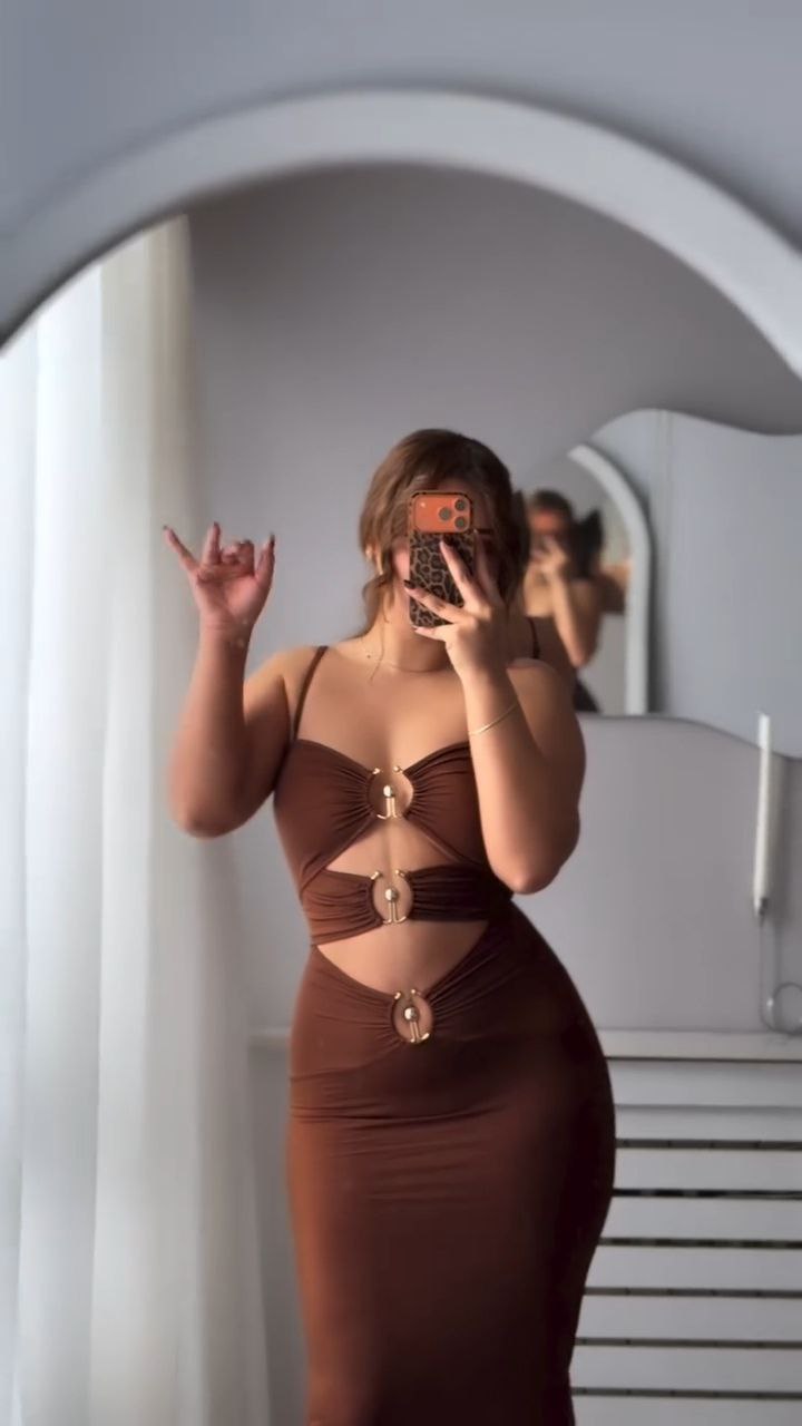 Chocolate Brown Cut-Out Bodycon Midi Dress with Gold Ring
