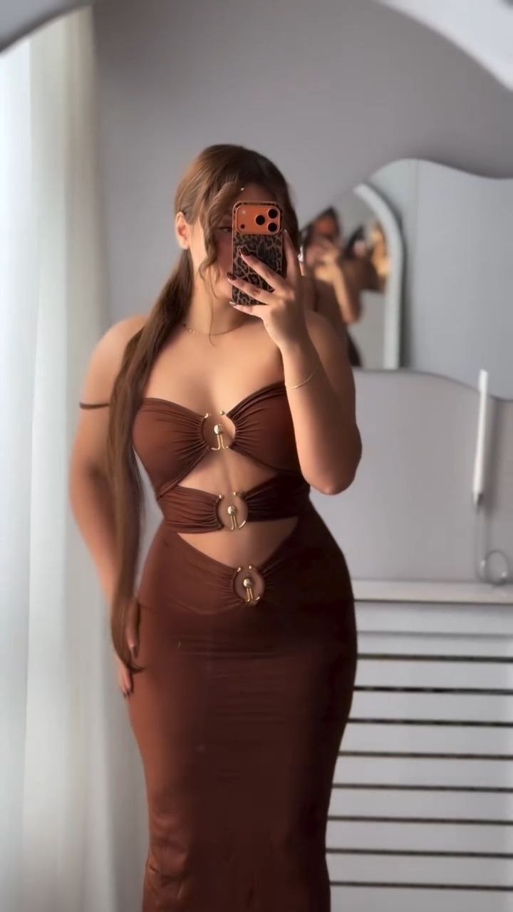 Chocolate Brown Cut-Out Bodycon Midi Dress with Gold Ring