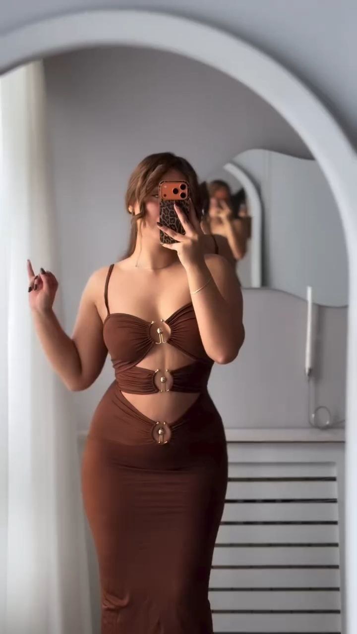 Chocolate Brown Cut-Out Bodycon Midi Dress with Gold Ring