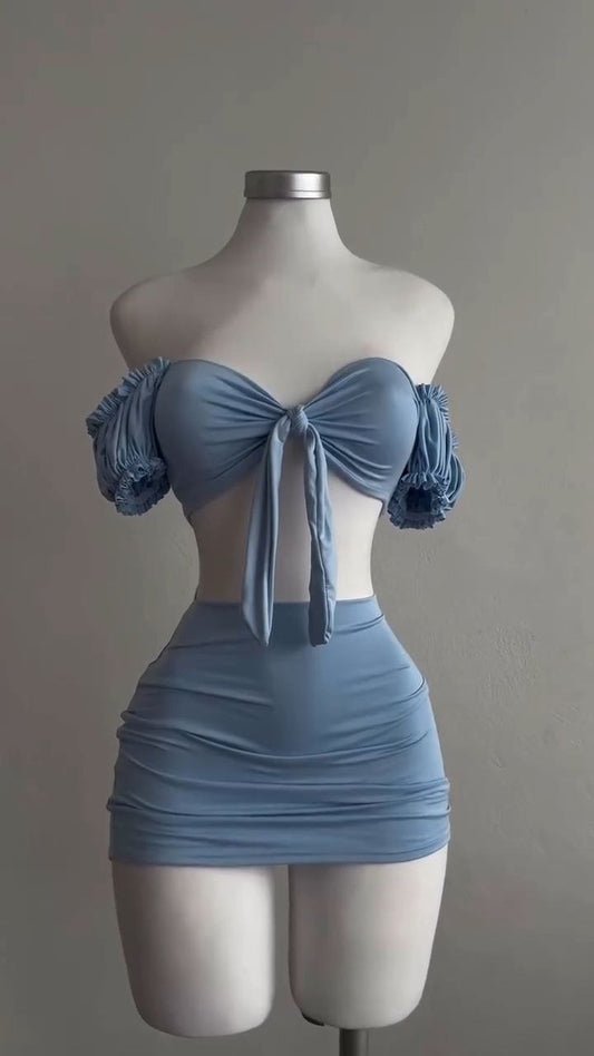 Dusty Blue Off-Shoulder Tie-Front Crop Top & Mini Skirt Set