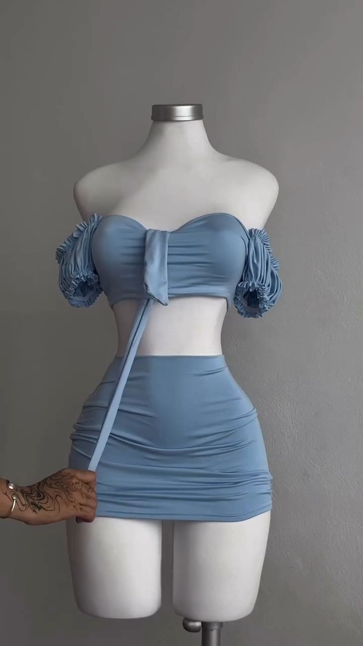 Dusty Blue Off-Shoulder Tie-Front Crop Top & Mini Skirt Set