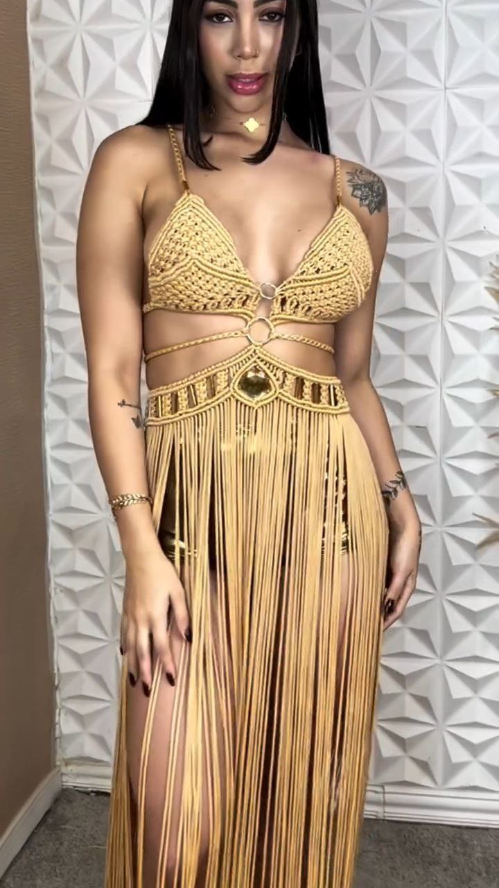 White Crochet Bikini Set with Gold Ring Detail and Fringe Skirt