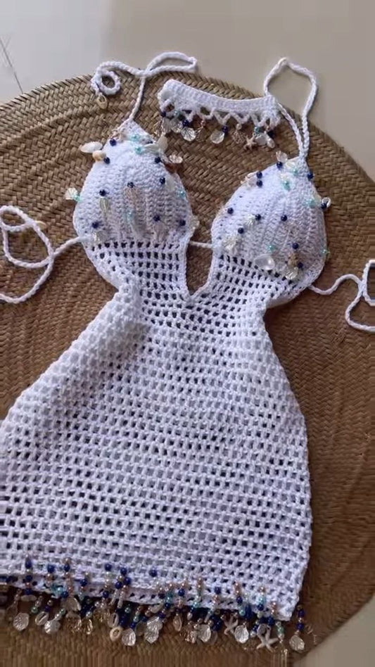 White Hand-Crocheted Beaded Halter Mini Dress