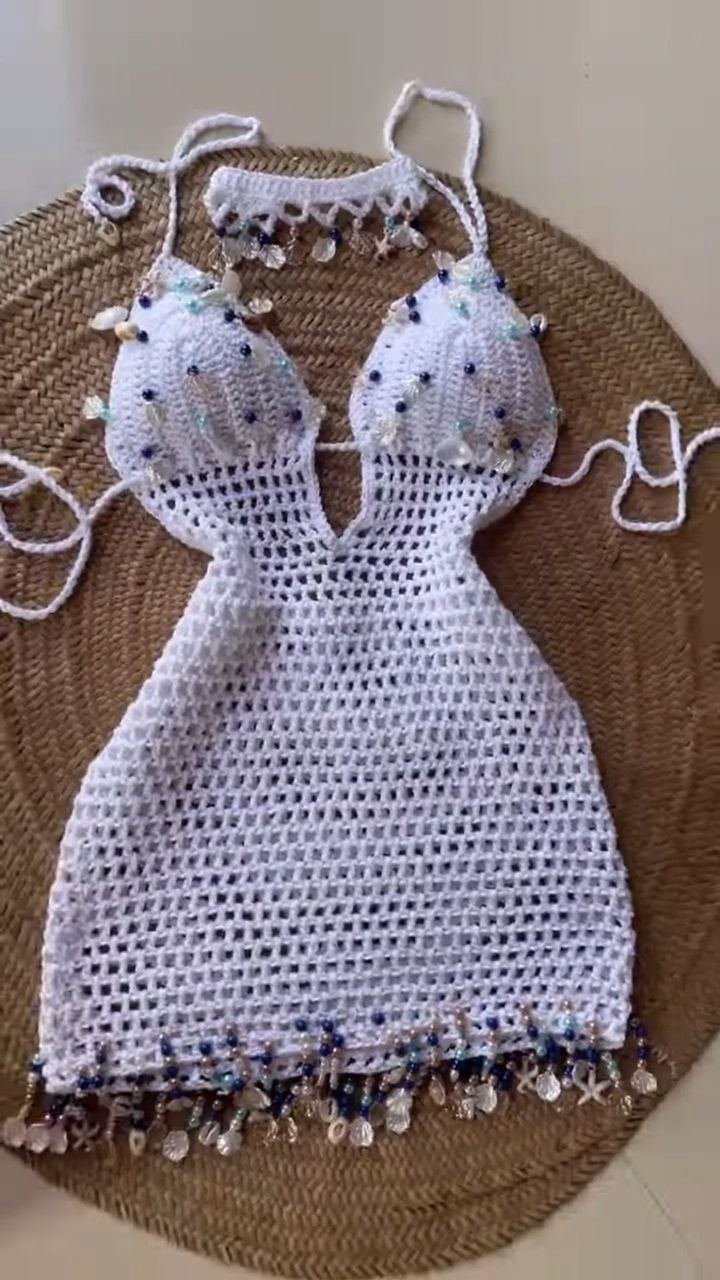 White Hand-Crocheted Beaded Halter Mini Dress