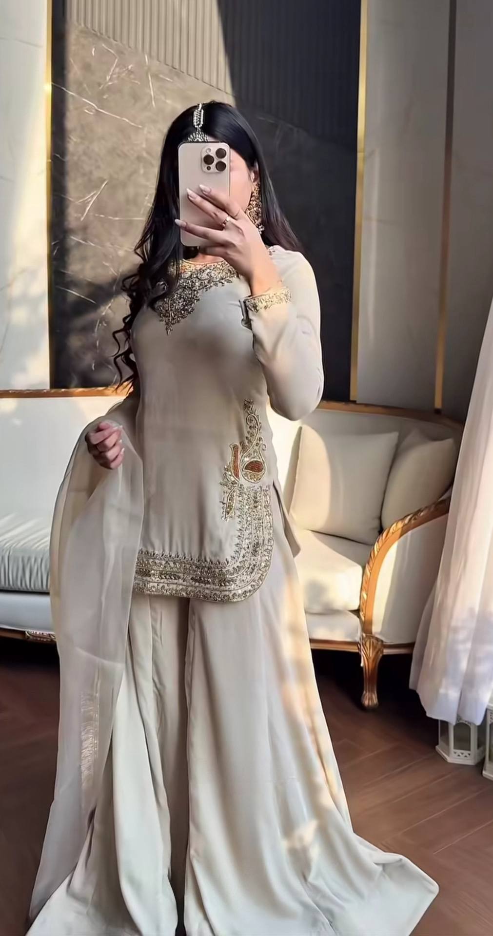 Off-White Korean Satin Silk Sharara Suit with Heavy Beadwork