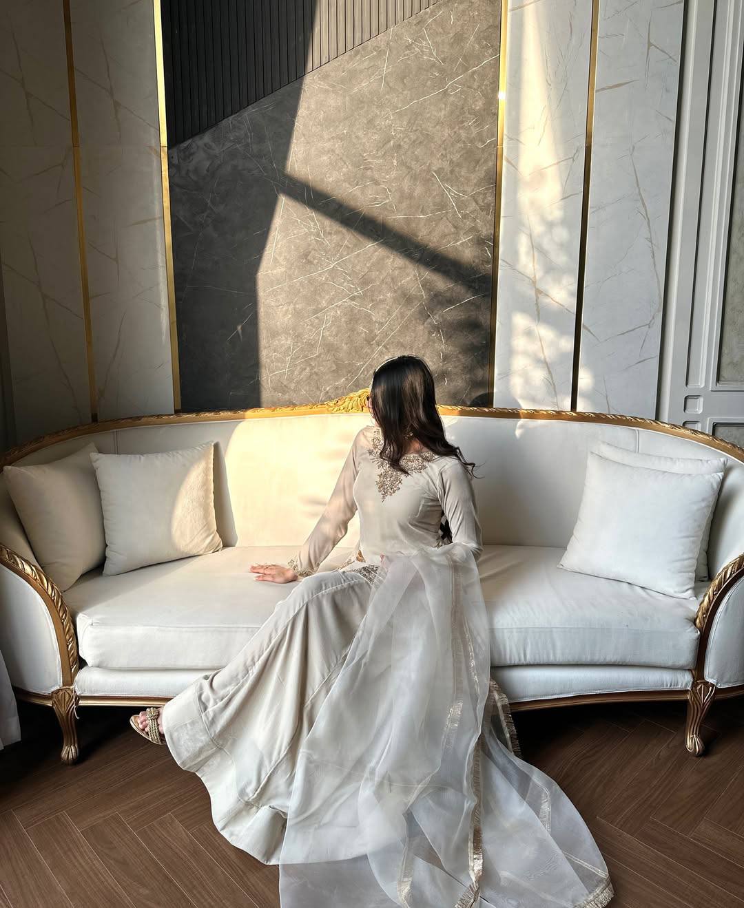 Off-White Korean Satin Silk Sharara Suit with Heavy Beadwork