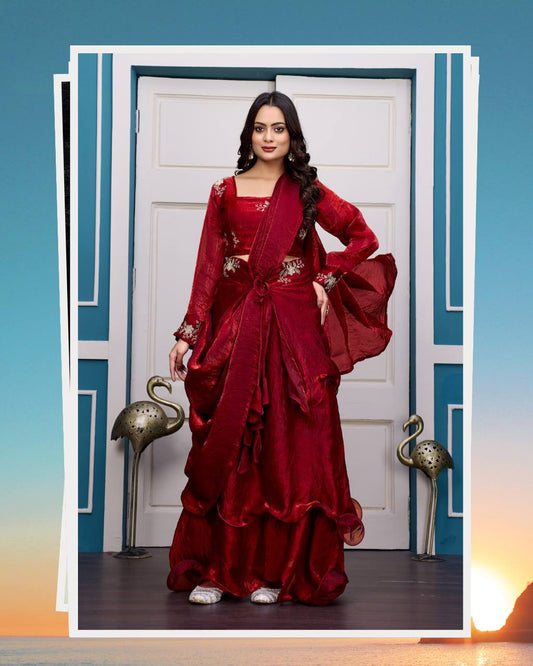 Magenta Layered Lehenga Set with Embroidered Blouse