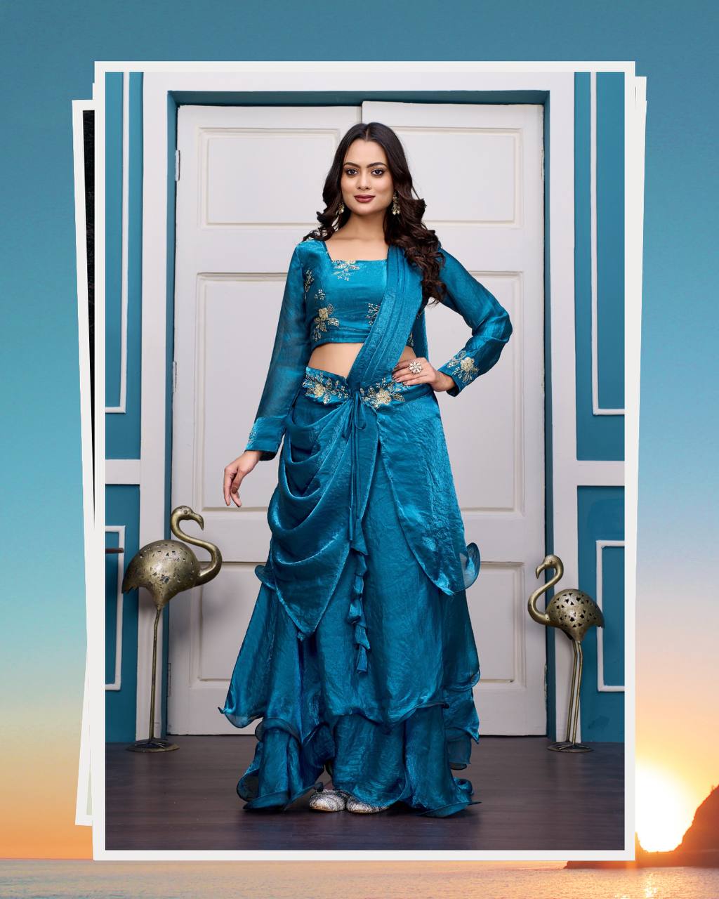 Magenta Layered Lehenga Set with Embroidered Blouse