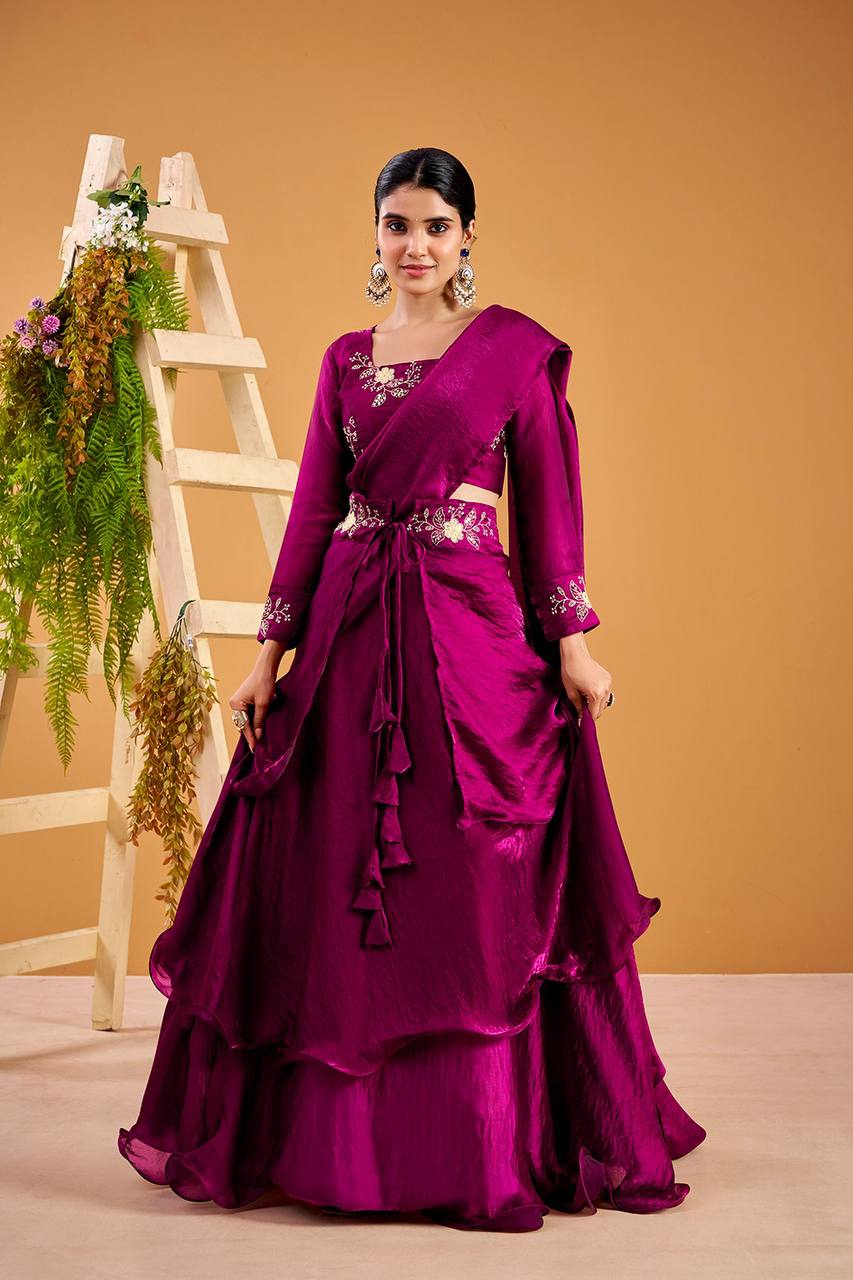 Magenta Layered Lehenga Set with Embroidered Blouse