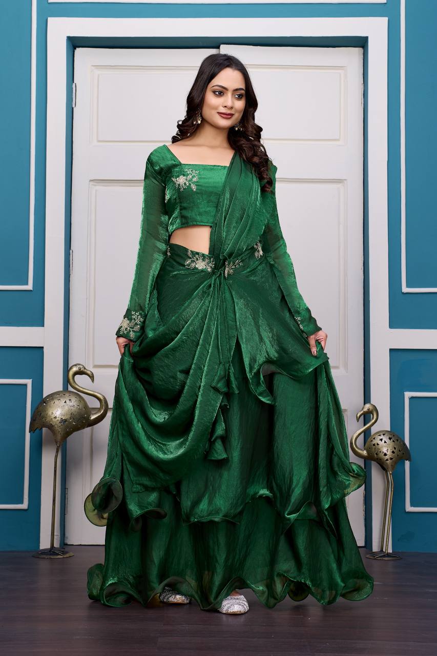 Magenta Layered Lehenga Set with Embroidered Blouse