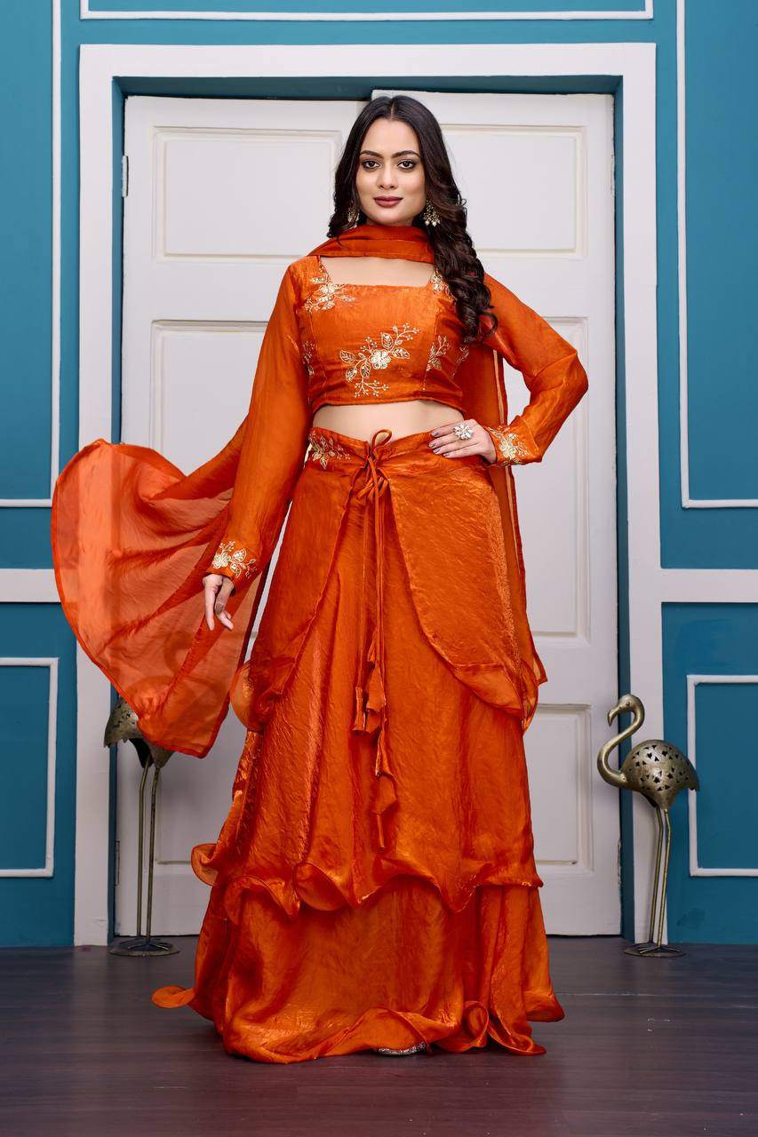 Magenta Layered Lehenga Set with Embroidered Blouse