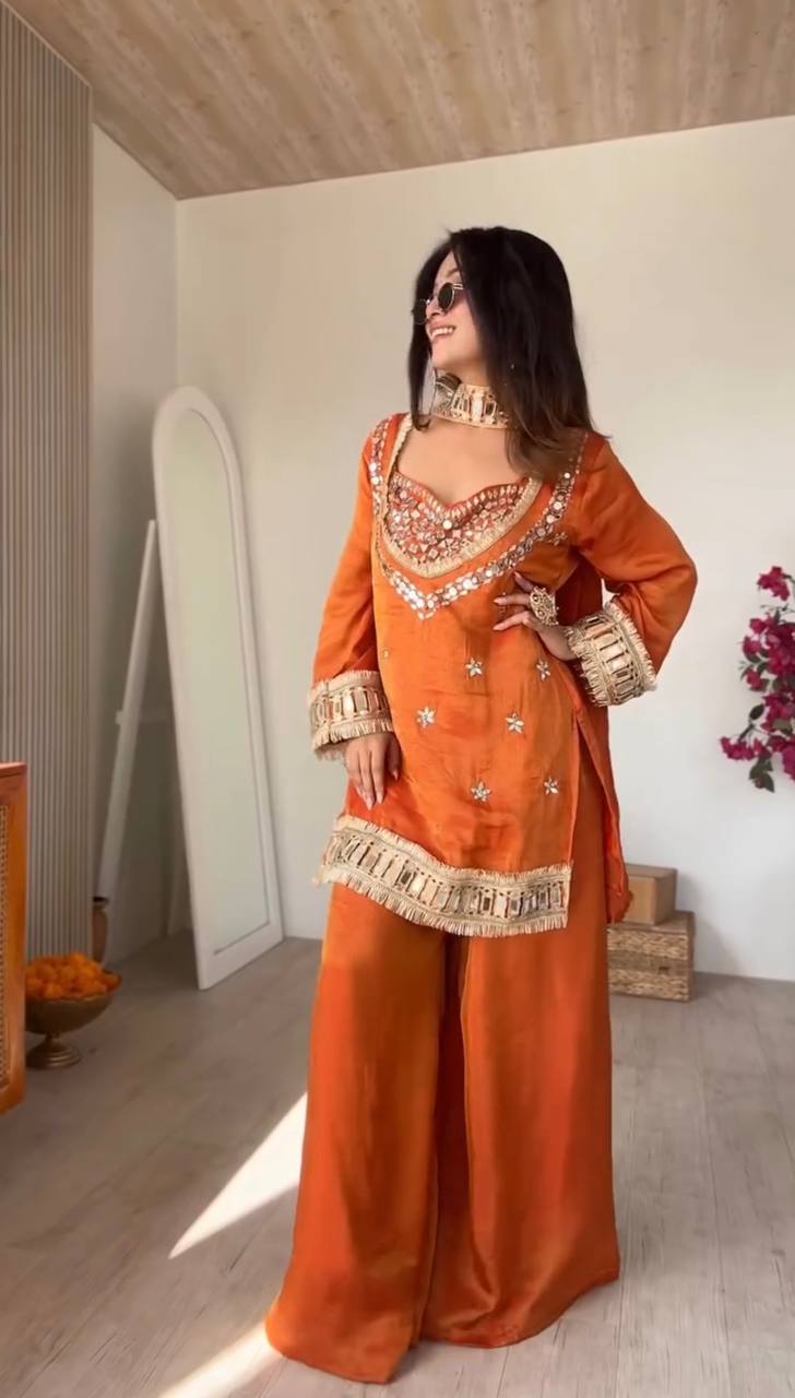 Rust Orange Embroidered Kurta Palazzo Set with Mirror Work