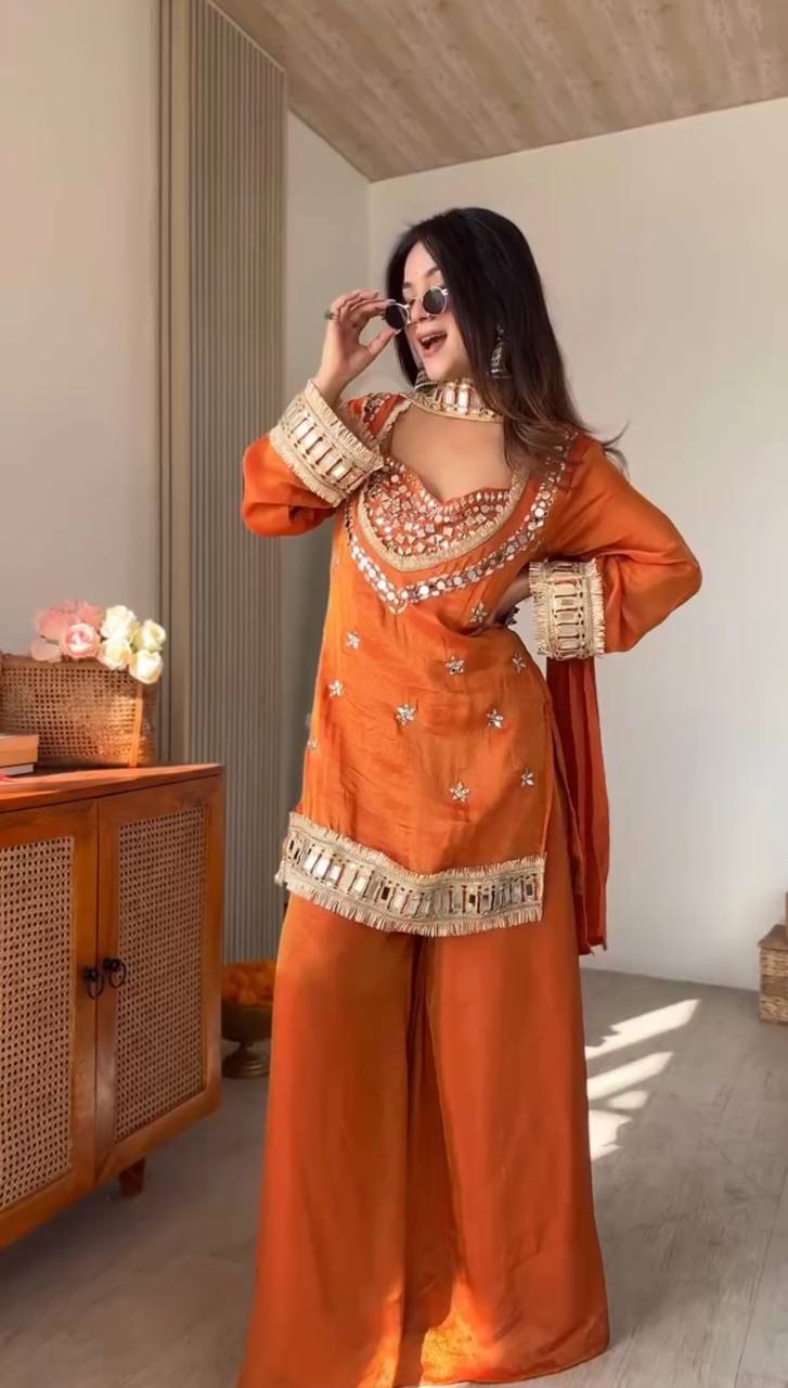 Rust Orange Embroidered Kurta Palazzo Set with Mirror Work