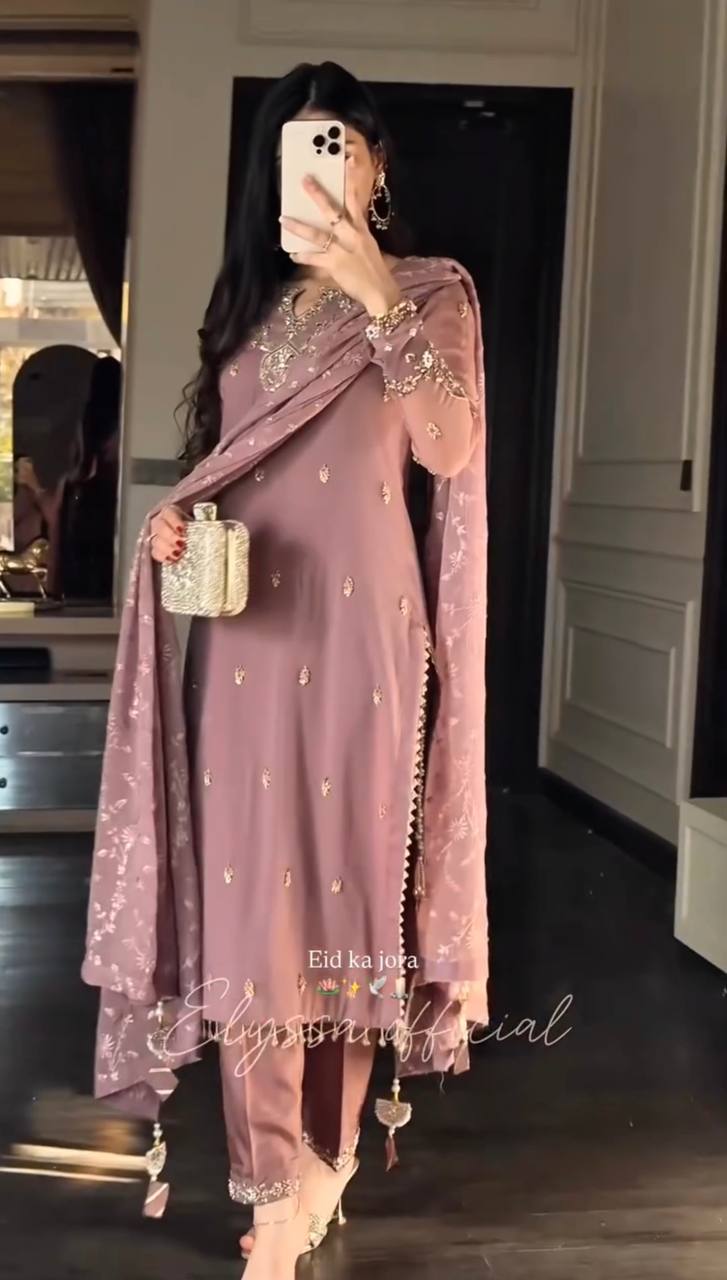 Heavy Faux Georgette Embroidered Kurta Pant Set with Dupatta