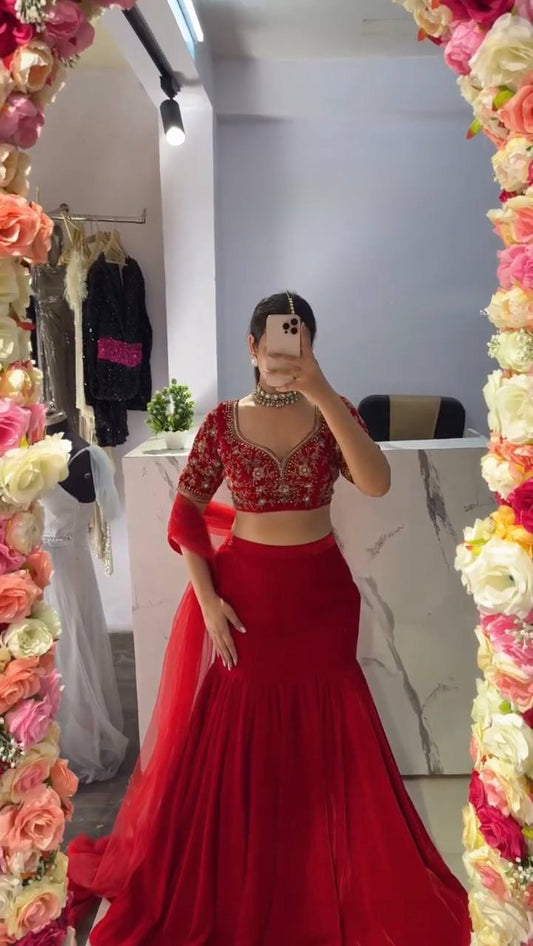 Crimson Red Faux Georgette Mermaid Style Lehenga Choli Set