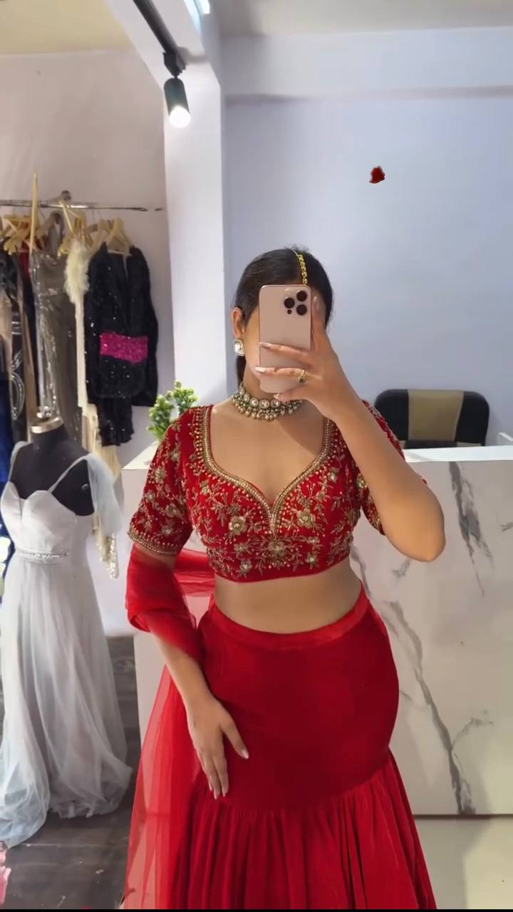 Crimson Red Faux Georgette Mermaid Style Lehenga Choli Set