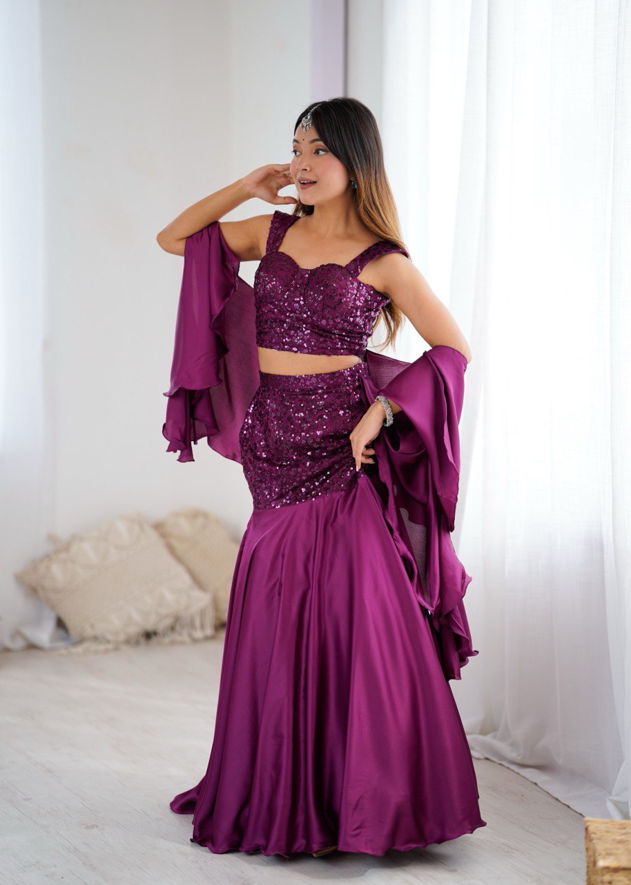 Wine Sequin Embroidered Lehenga Set with Flared Skirt and Dupatta