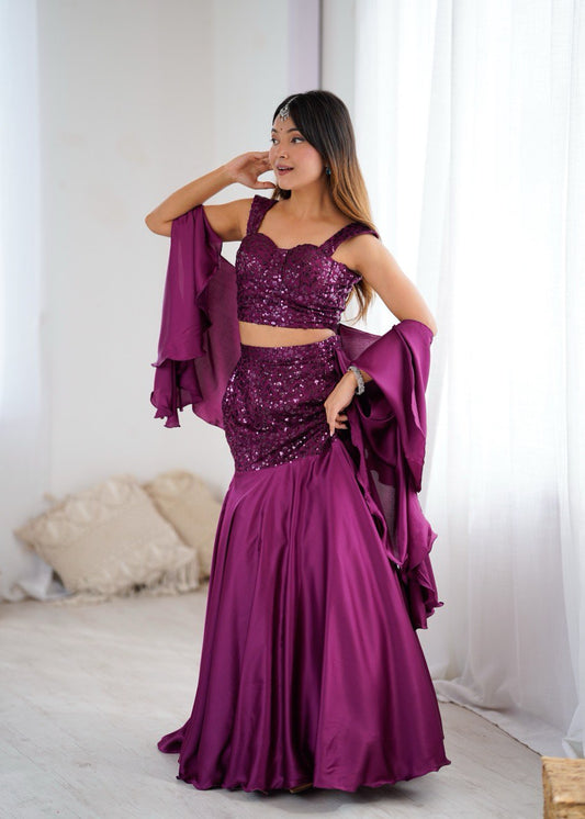Wine Sequin Embroidered Lehenga Set with Flared Skirt and Dupatta