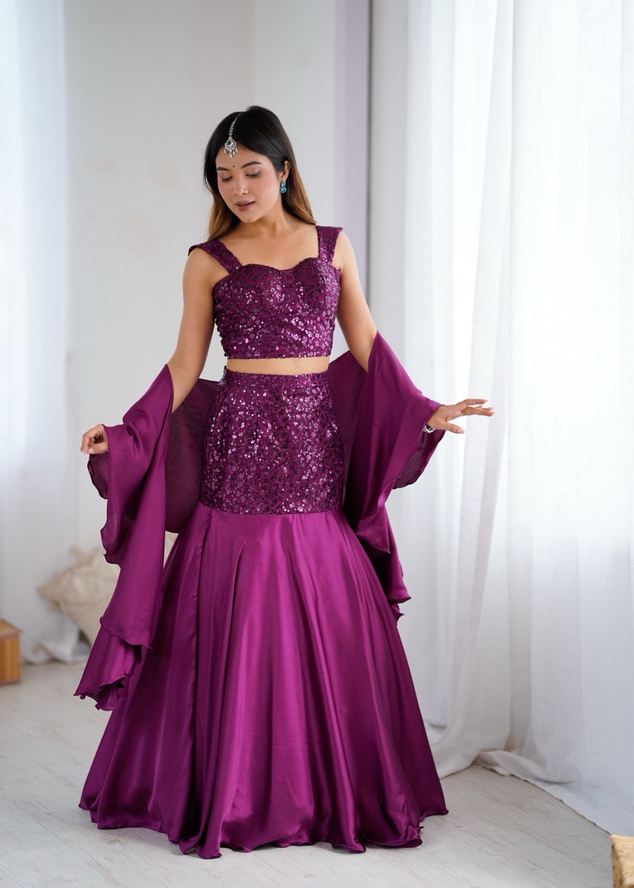 Wine Sequin Embroidered Lehenga Set with Flared Skirt and Dupatta