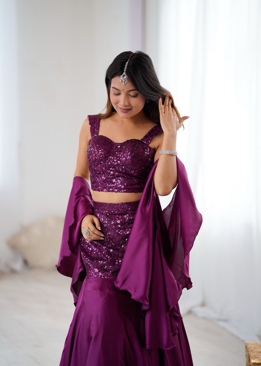 Wine Sequin Embroidered Lehenga Set with Flared Skirt and Dupatta