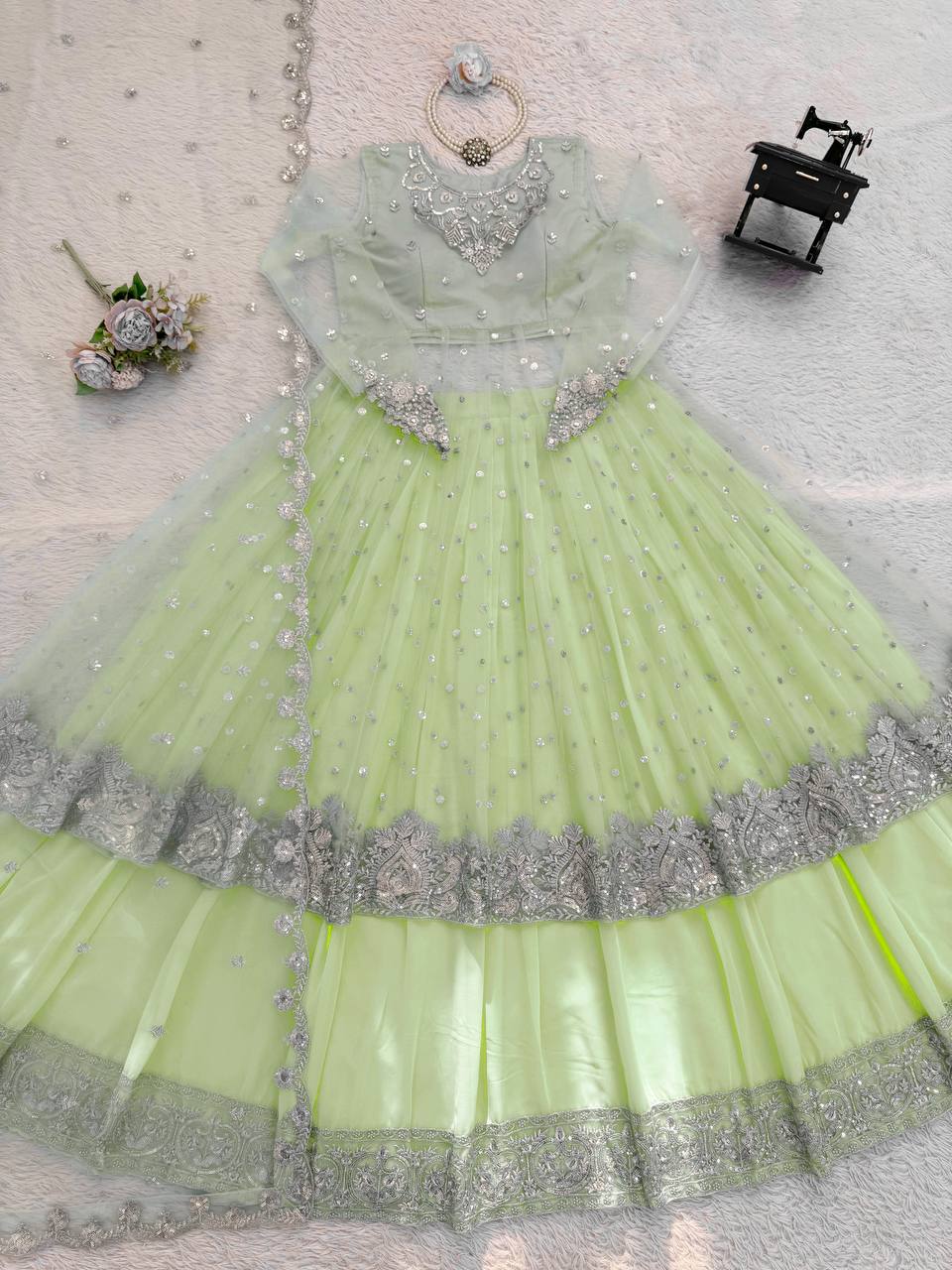 Pista Green Embroidered Gown with Lehenga and Dupatta Set