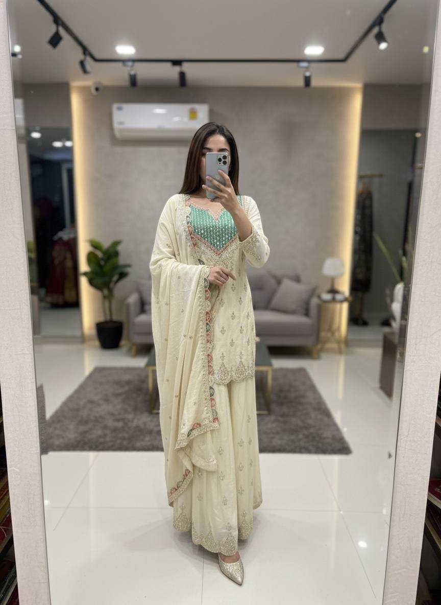 Ivory Embroidered Kurta Sharara Set with Pastel Dupatta