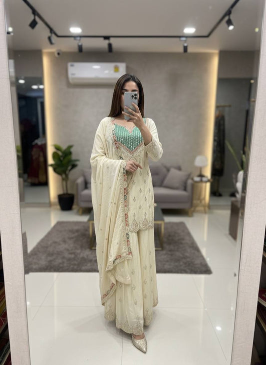 Ivory Embroidered Kurta Sharara Set with Pastel Dupatta