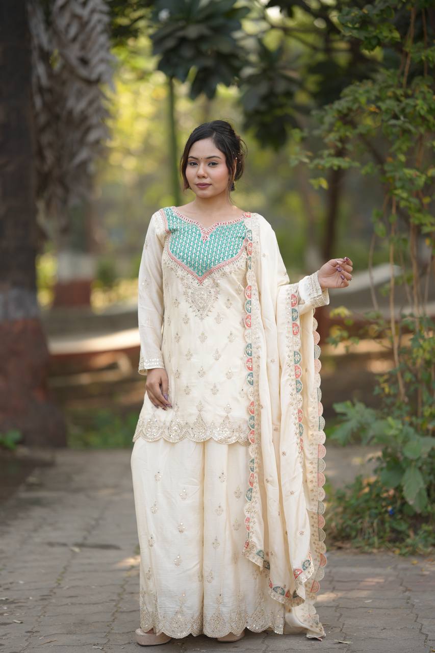 Ivory Embroidered Kurta Sharara Set with Elegant Dupatta