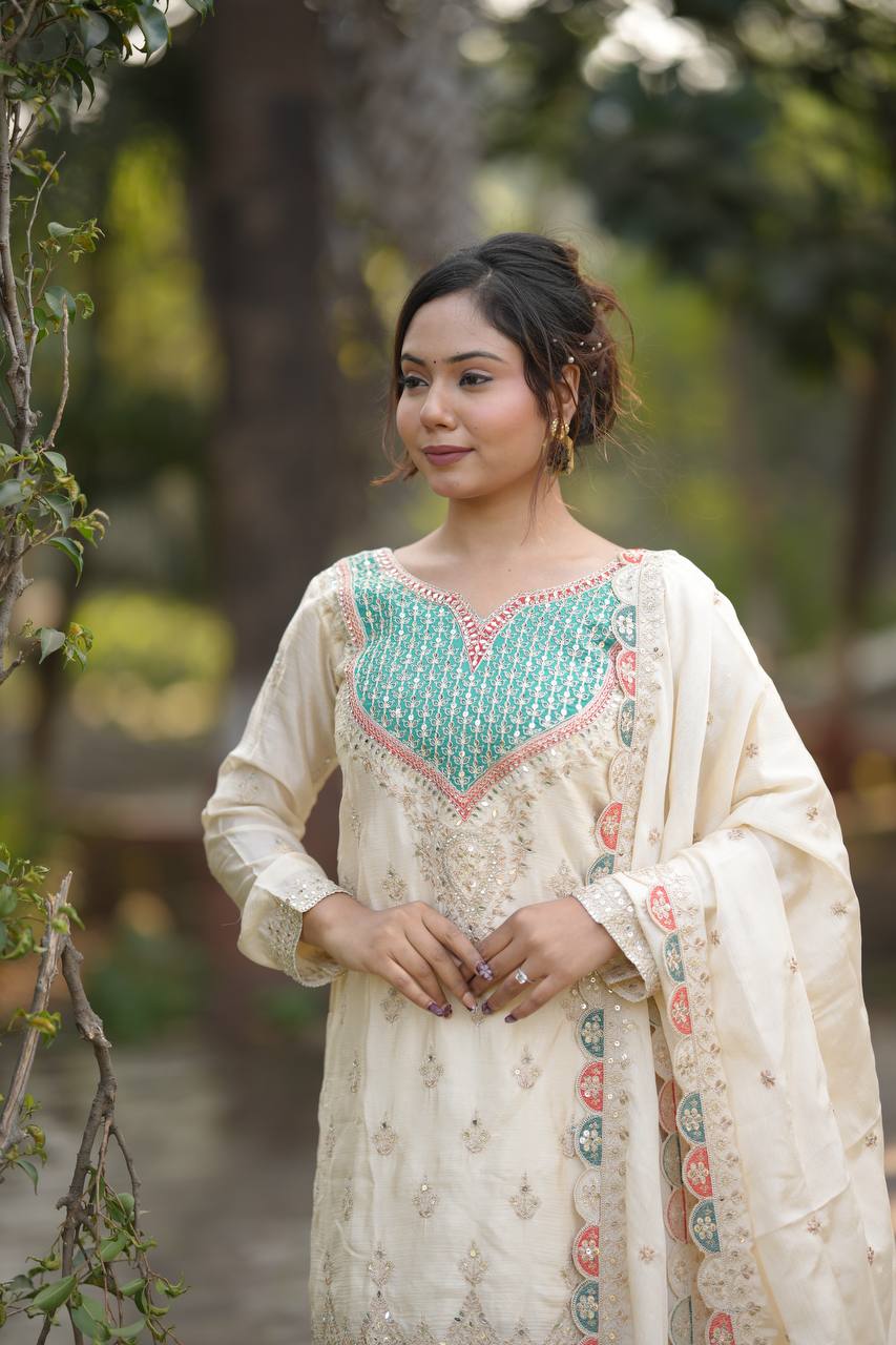 Ivory Embroidered Kurta Sharara Set with Elegant Dupatta