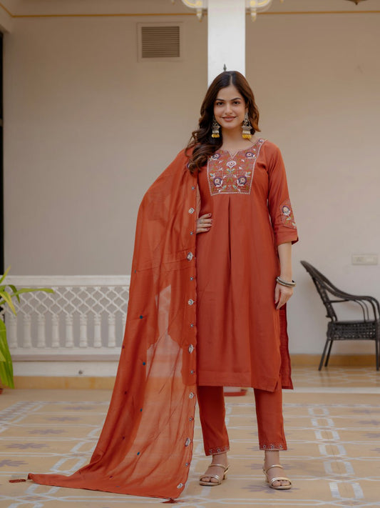 Pure Viscose Mango Silk Embroidered Kurta Set