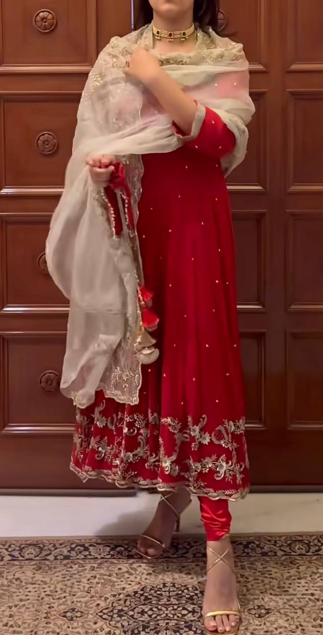 Red Embroidered Anarkali Suit with Organza Dupatta